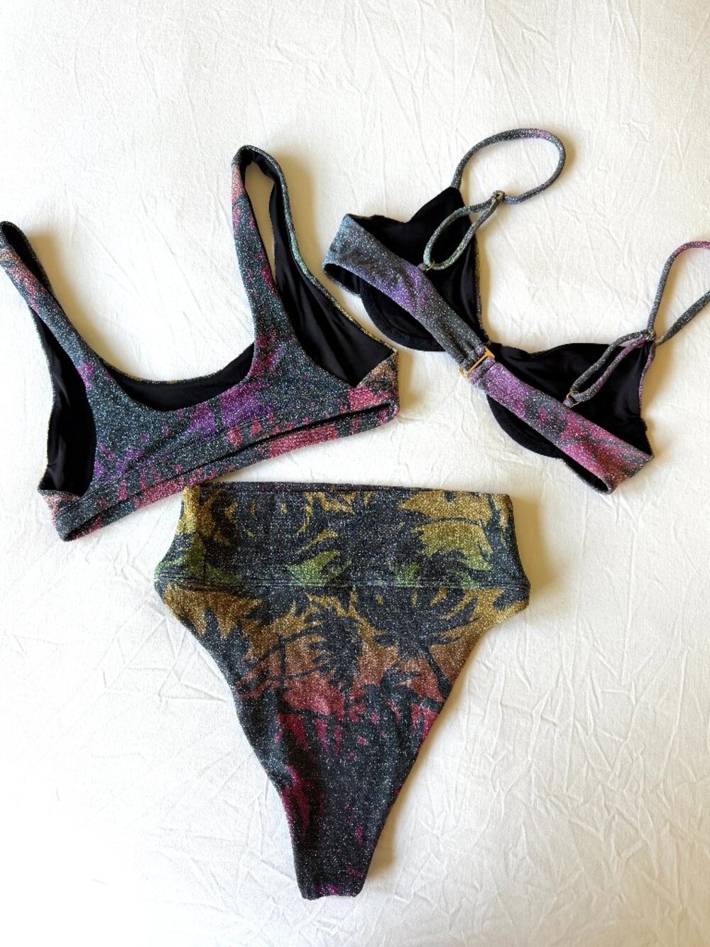 RARE 3pc Beach Riot x Revolve Bikini In Sparkly Rainbow Palm Madness Print - Picture 8 of 16